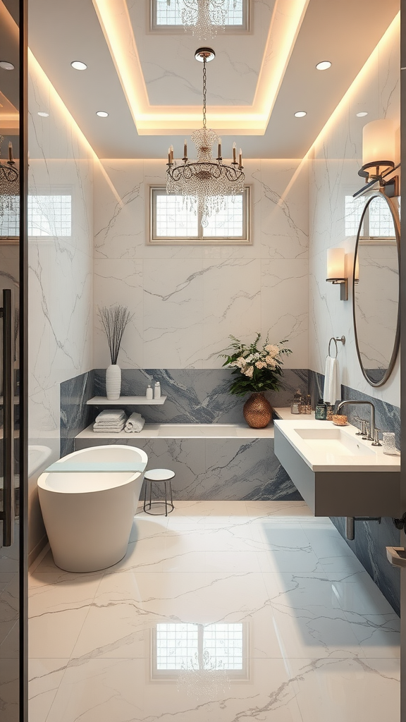 Elegant bathroom featuring reflective surfaces and stylish decor.