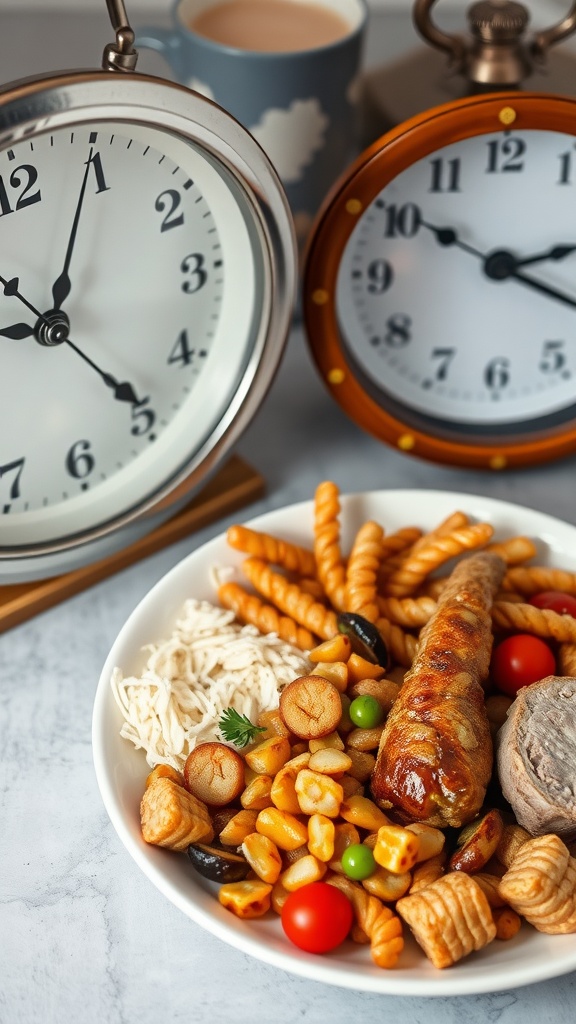 A plate of food with two clocks in the background, emphasizing meal timing.