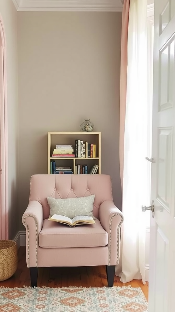 A cozy reading nook featuring a light pink armchair, an open book, and a small bookshelf with colorful books.
