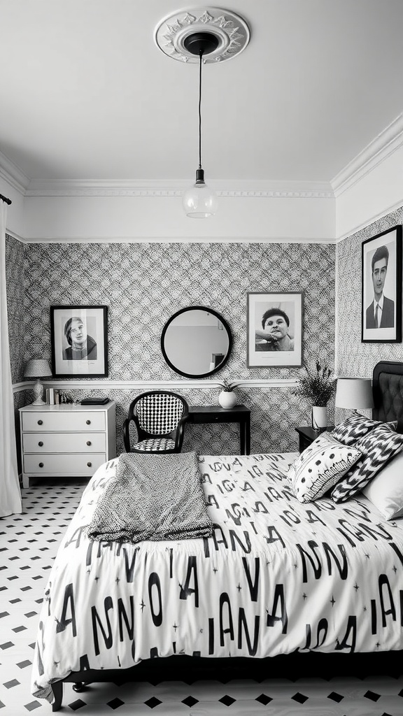 A stylish black and white bedroom featuring retro patterns and elegant decor.