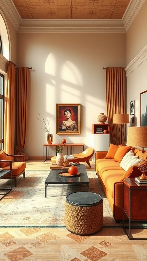 A cozy living room featuring rich terracotta accents in furniture and decor.