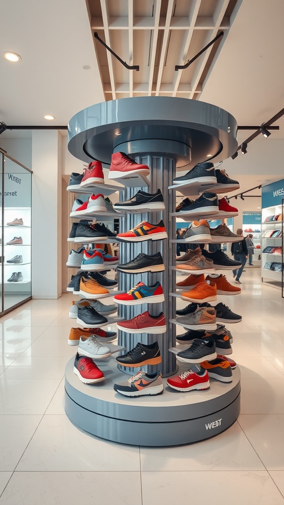 A rotating shoe carousel displaying various pairs of shoes in an organized manner.