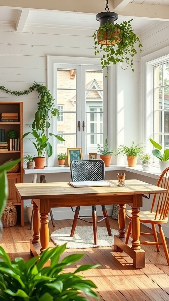 A rustic wooden desk in a cozy farmhouse home office with plants and natural light.