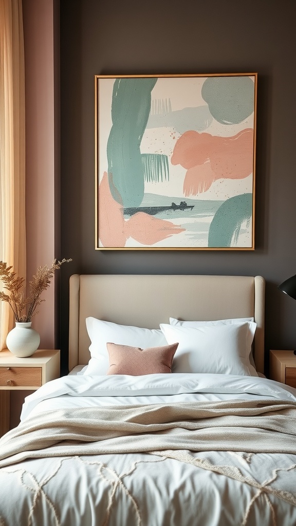 A bedroom featuring sage and blush artwork above the bed, complemented by neutral bedding and wooden furniture.