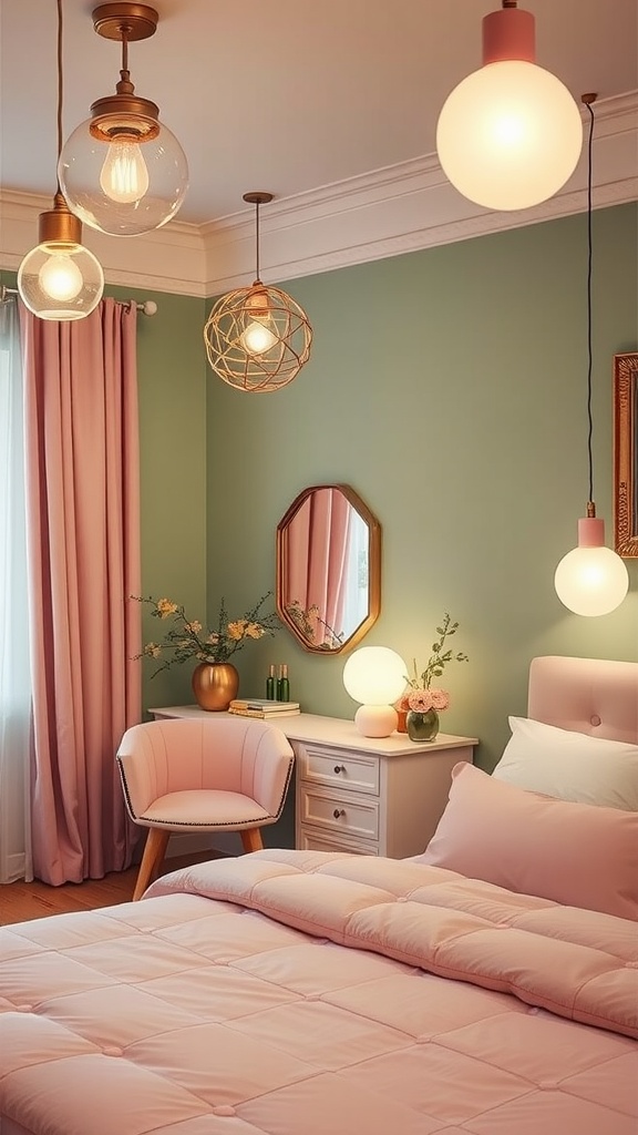 A beautifully designed bedroom with sage walls, blush pink bedding, and stylish lighting fixtures.