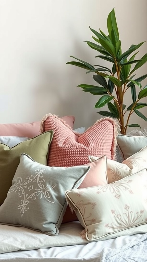 A collection of sage and blush throw pillows arranged on a bed, featuring various textures and patterns.