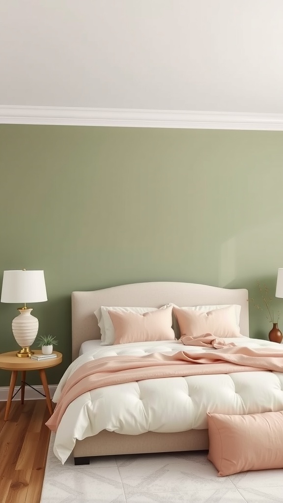 A bedroom with a sage green accent wall, blush pink bedding, and wooden furniture.