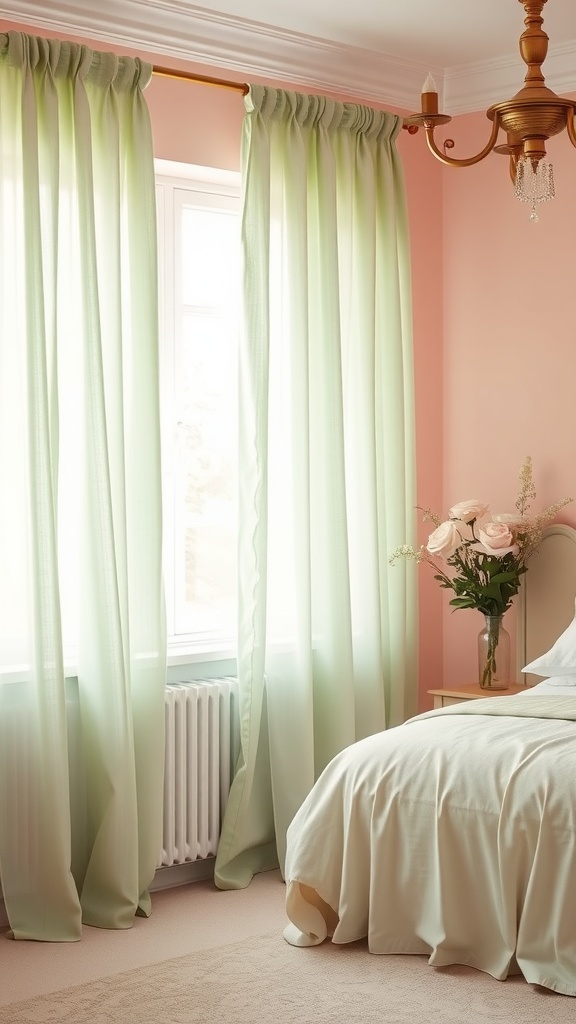 A cozy bedroom featuring sage green curtains and blush pink walls.