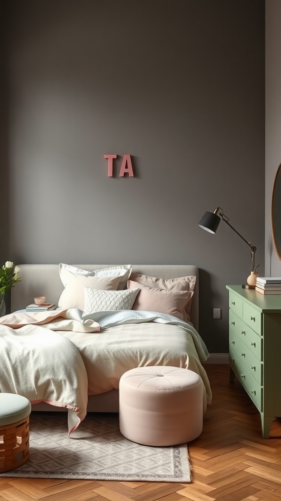 A beautifully styled bedroom featuring sage green furniture and blush pink accents.