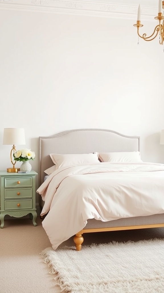Cozy bedroom featuring a sage green nightstand, blush pink bedding, and light decor.