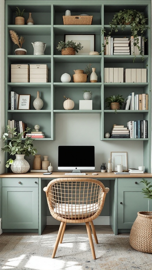 Stylish home office featuring sage green shelving with decorative items and an organized desk.