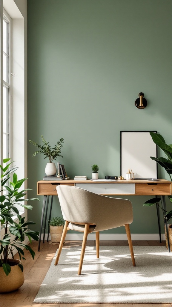 Home office with sage green walls and elegant decor