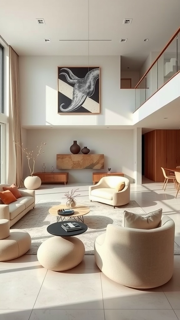 A spacious living room featuring sculptural furniture, including rounded chairs and a soft-toned sofa, complemented by a stylish coffee table.