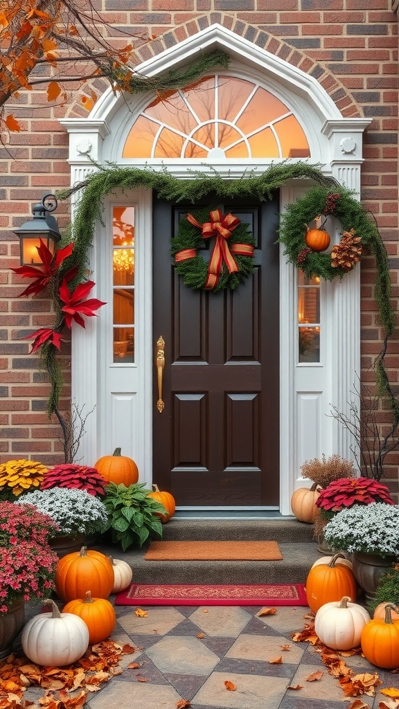 A stylish entryway with autumn decorations including pumpkins, colorful flowers, and a festive wreath.