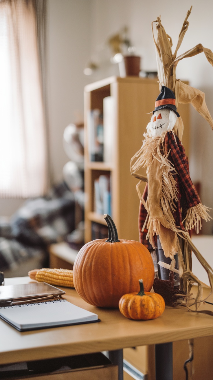 A dorm desk decorated for fall with pumpkins and a scarecrow.