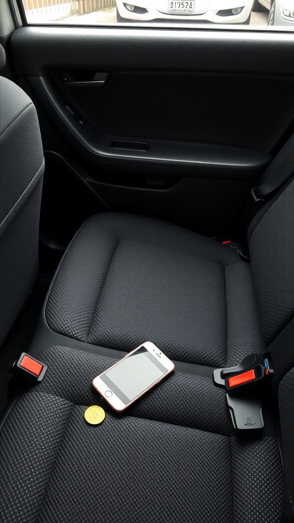 An image showing a smartphone and a coin between car seats, highlighting the issue of lost items in the seat gap.