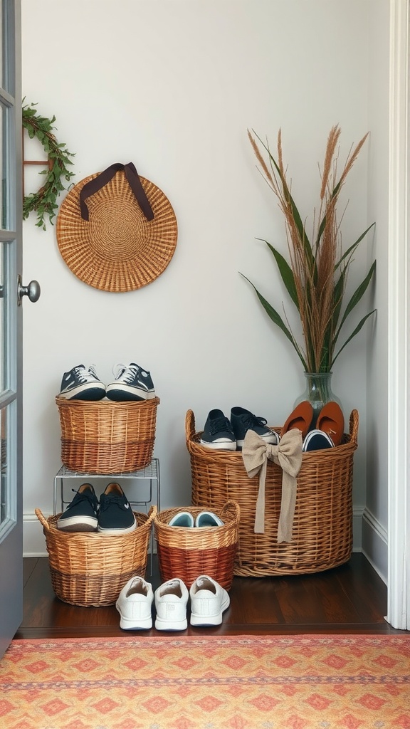 A cozy entryway featuring various shoe baskets holding different pairs of shoes, along with decorative elements.