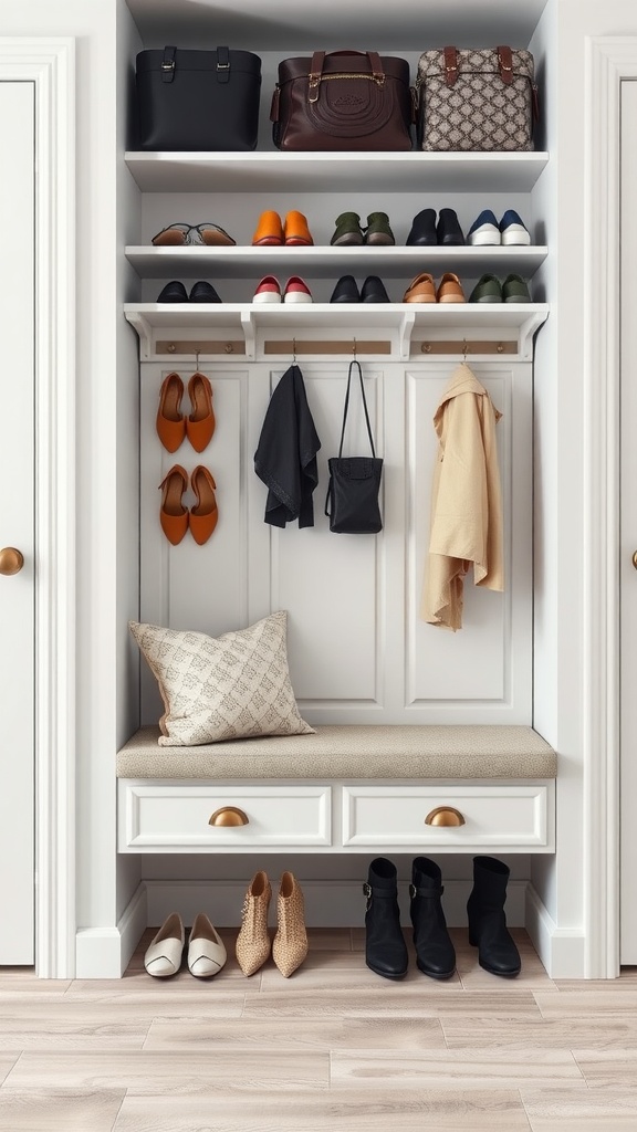 A stylish shoe rack with built-in seating, featuring various shoes, bags, and accessories in a neat arrangement.
