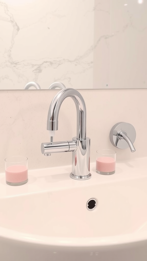 A close-up of modern chrome faucets on a white sink in a minimalist bathroom.