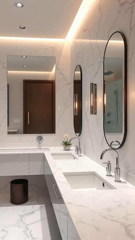 A stylish bathroom with sleek marble surfaces, gold accents, and a modern design.