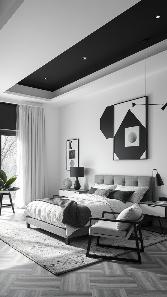 A modern black and white bedroom featuring geometric shapes in artwork and decor.
