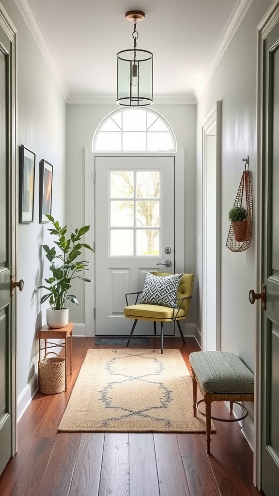 A cozy entryway featuring a small chair, table, and plants, highlighting a well-arranged space.