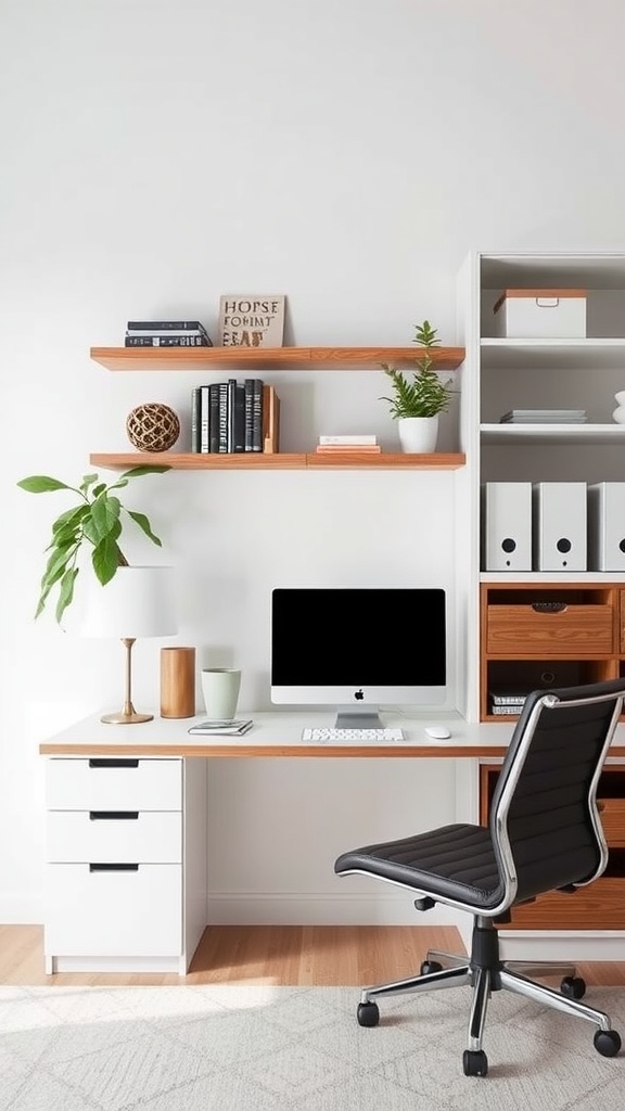 Modern home office setup with smart storage solutions including floating shelves and a stylish desk.