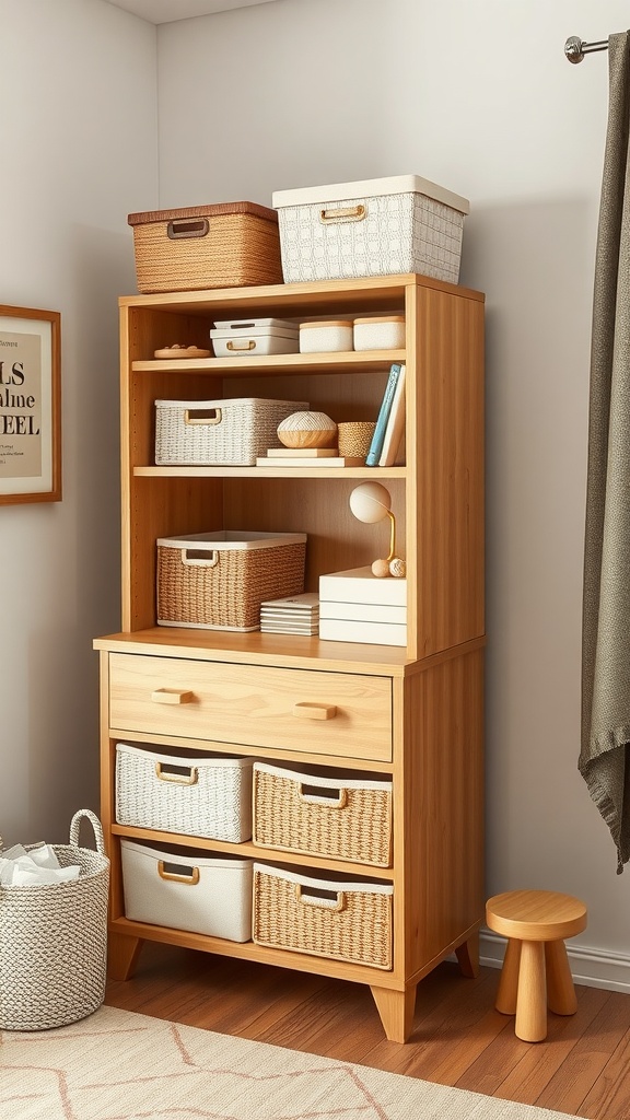 A wooden cabinet filled with storage baskets and a small stool