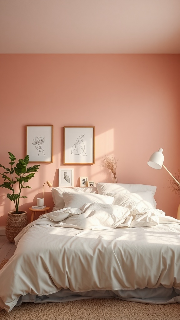 Cozy bedroom with soft blush walls, white bedding, and plants.