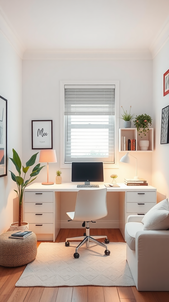 A cozy home office featuring soft pink lighting, wooden furniture, and houseplants.