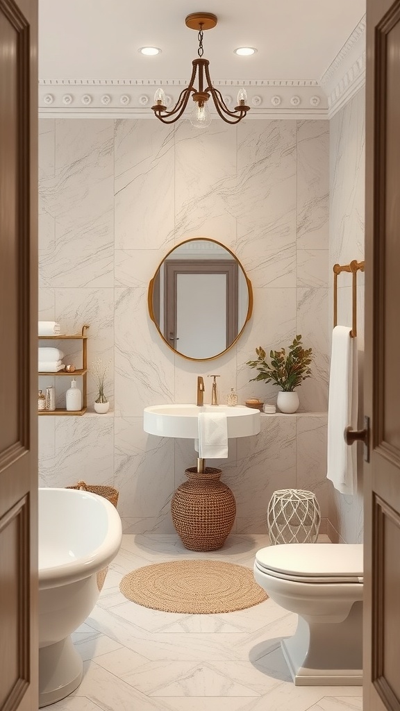 Elegant bathroom featuring a soft neutral color palette with natural materials.
