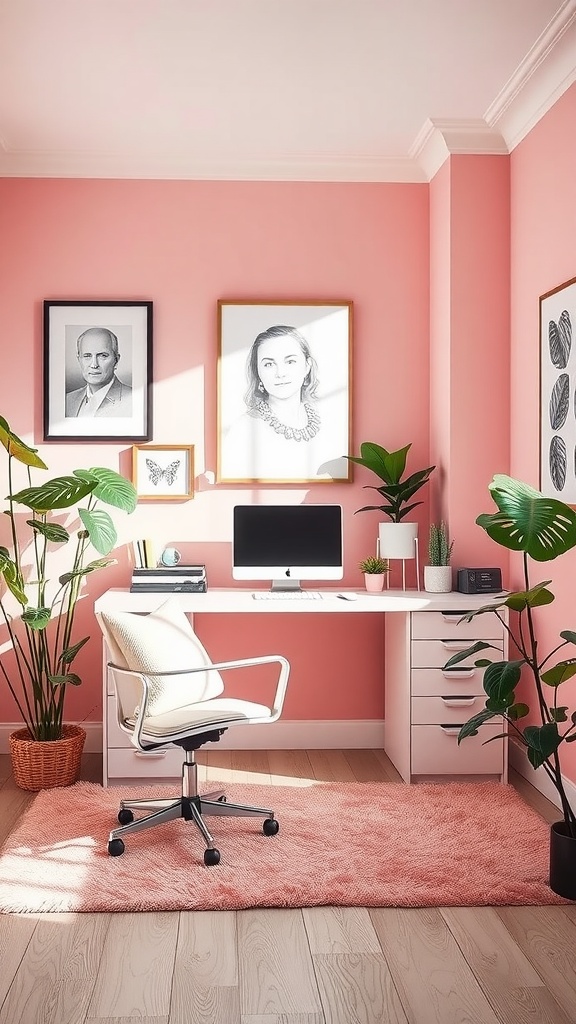 A serene modern workspace featuring soft pastel colors, white furniture, and plants.