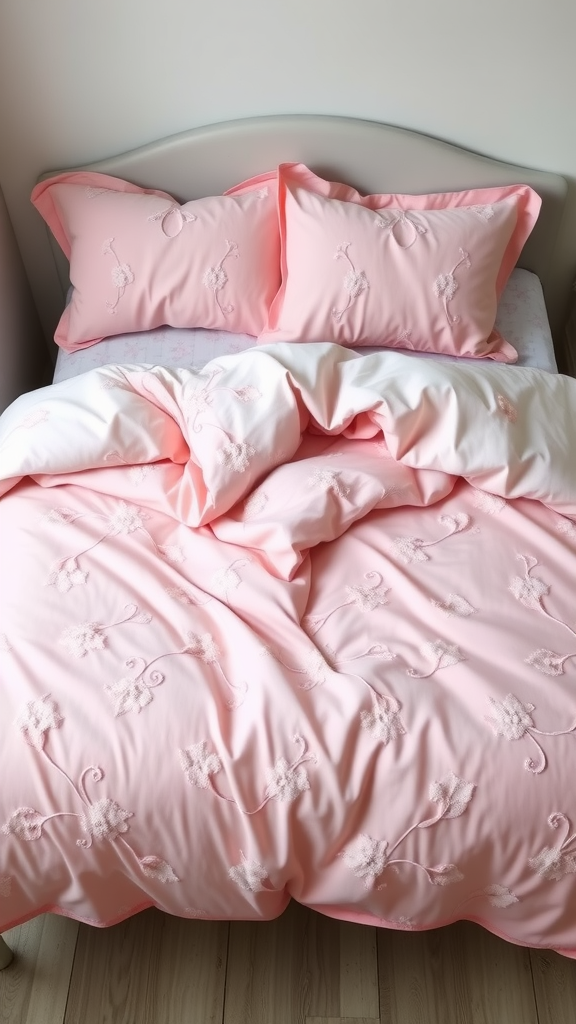 Soft pink duvet cover with a simple pattern on a bed.
