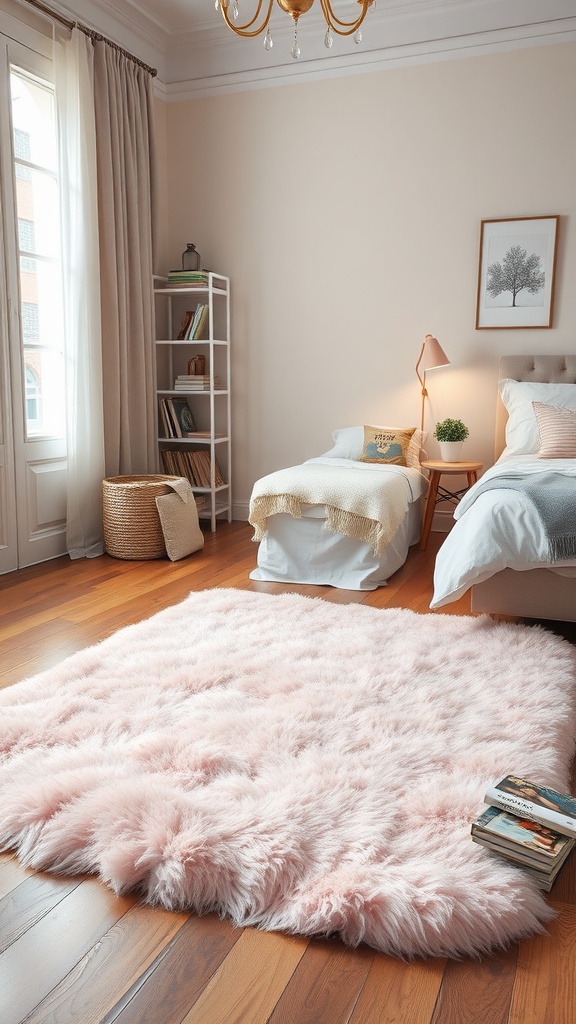 Cozy bedroom featuring a soft pink rug, wooden floor, and warm lighting.