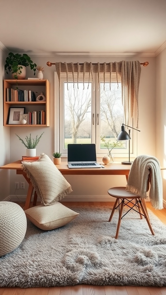 A bright and feminine home office featuring soft textiles, including cushions and a fluffy rug.