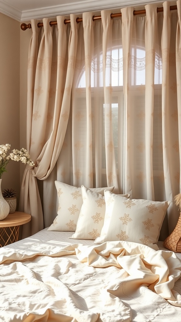 A beautifully styled boho bedroom with soft textiles featuring gold patterns.