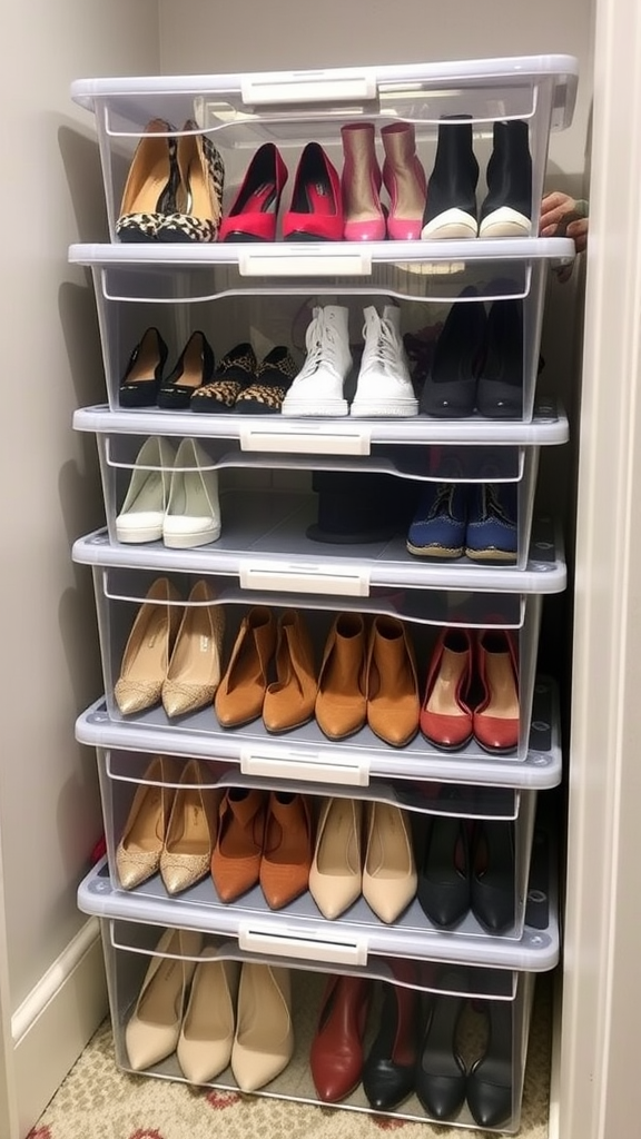 A stack of clear shoe bins neatly organizing various pairs of shoes.