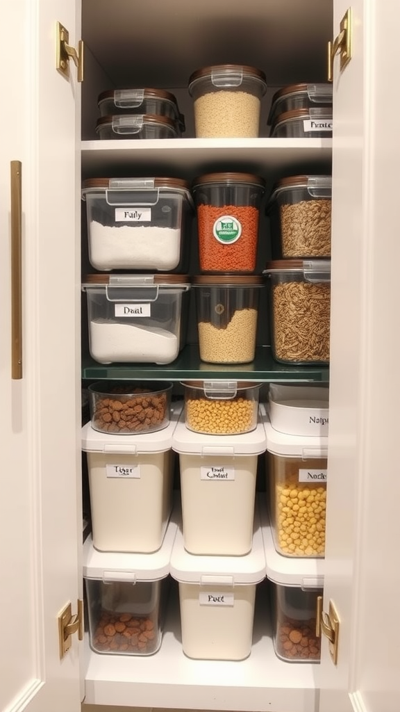 Stackable storage containers neatly organized in a kitchen cabinet.