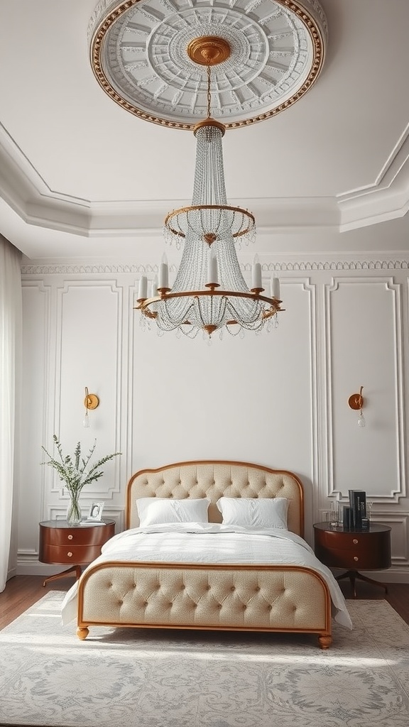 Elegant bedroom with a chandelier and stylish decor.