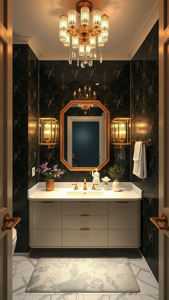 Stylish bathroom with unique statement lighting fixtures hanging above a modern bathtub.