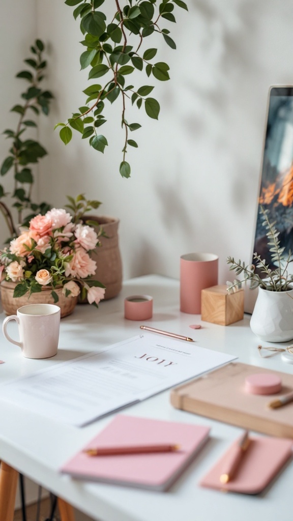 A stylish desk setup featuring pink stationery, a coffee mug, and potted plants.