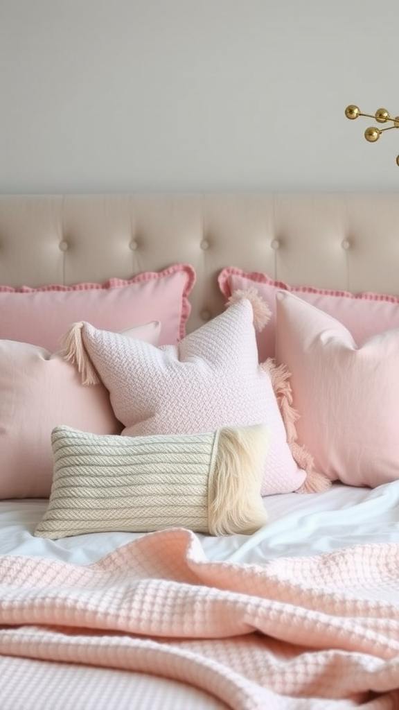 Various stylish light pink throw pillows on a bed