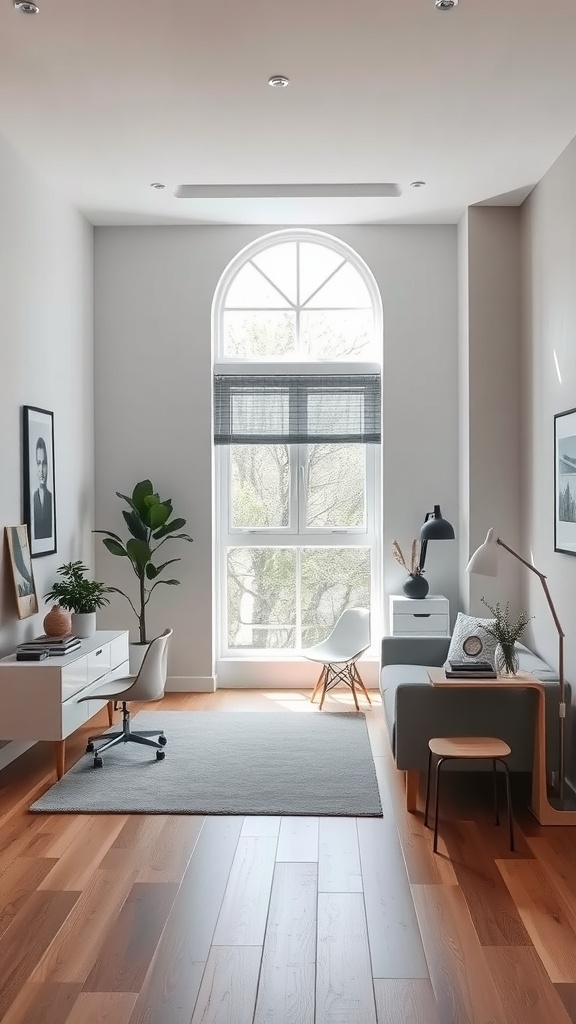 A stylish minimalist workspace featuring a desk, a chair, a plant, and a comfortable seating area by a large window.