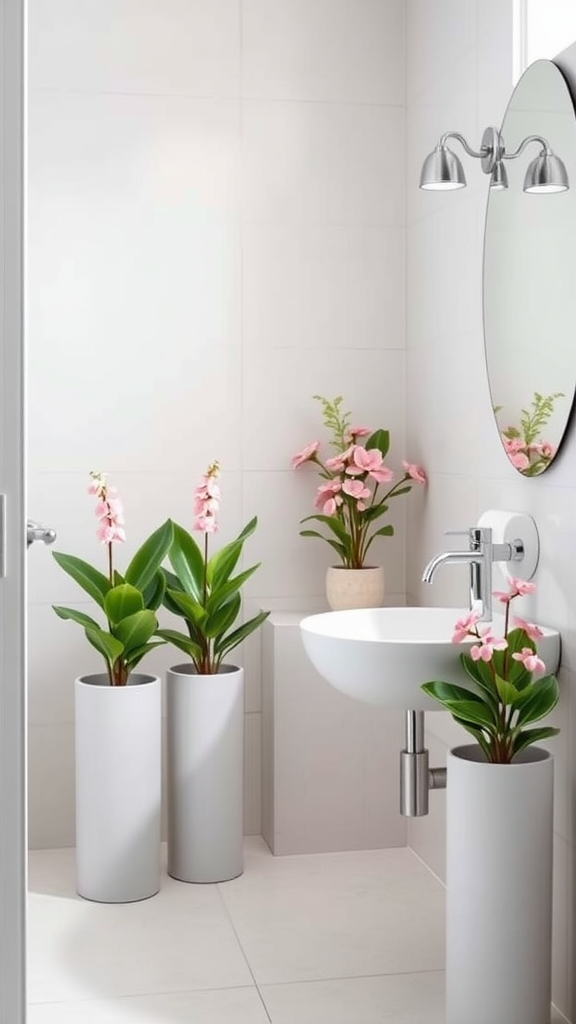 Minimalist light pink bathroom with stylish pink plants and botanicals.