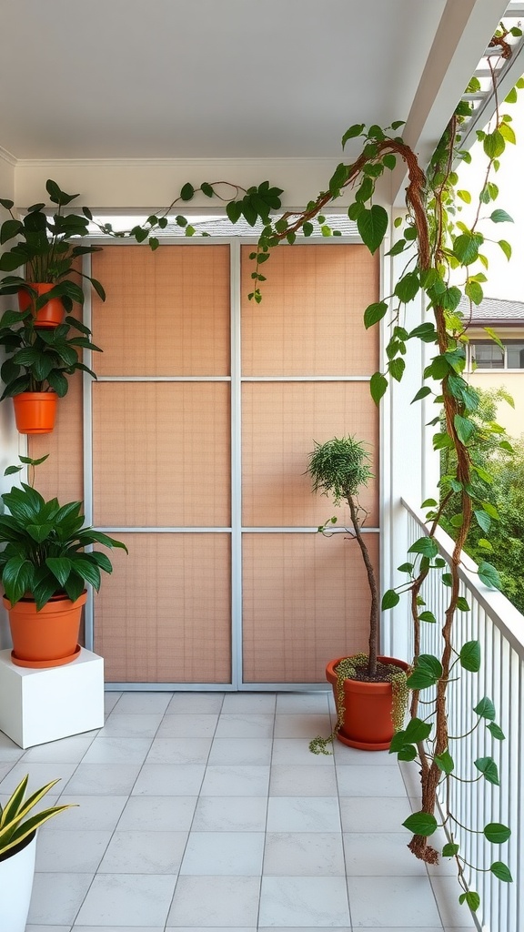 A balcony with stylish privacy screens featuring greenery and potted plants.