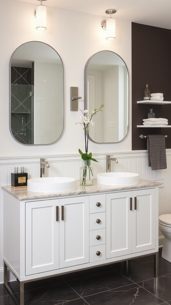 A modern bathroom vanity with a light wood finish, elegant mirrors, and stylish fixtures.
