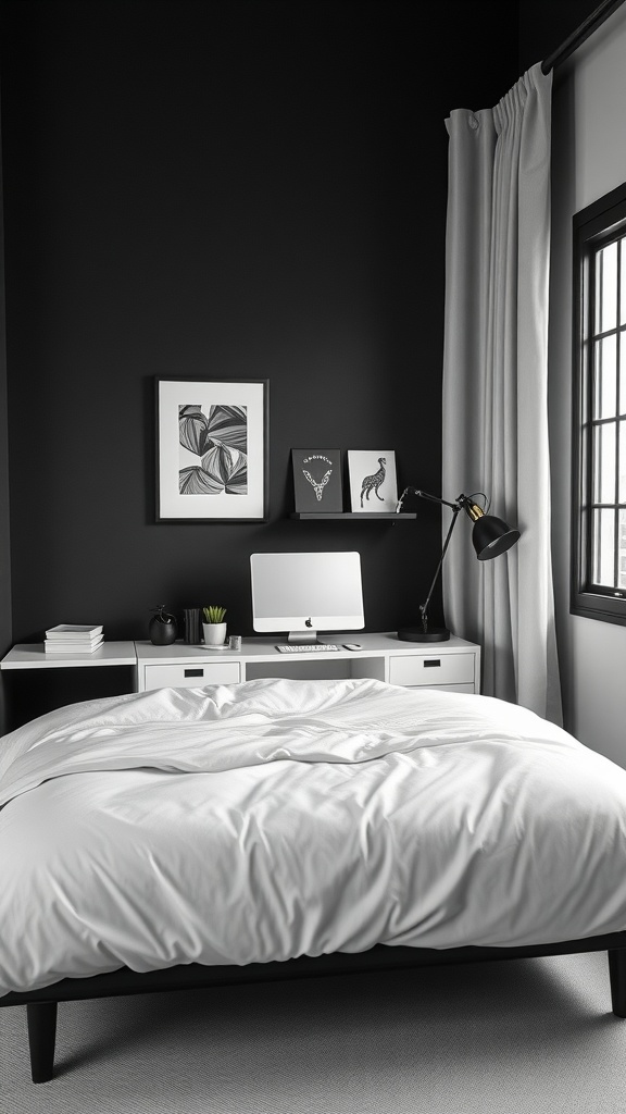 A cozy black and white bedroom featuring a modern workspace with a computer, stylish decor, and a comfortable bed.