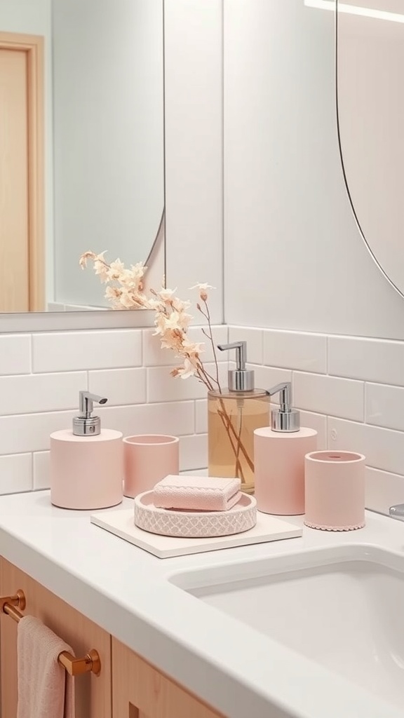 Minimalist bathroom accessories in light pink tones