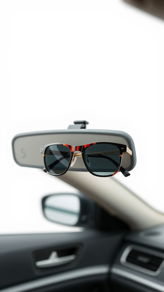 A sunglass holder displayed on a car's rearview mirror, holding stylish sunglasses.