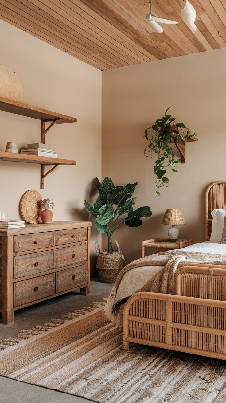 A minimalist boho bedroom featuring sustainable materials such as wooden furniture and natural decor.